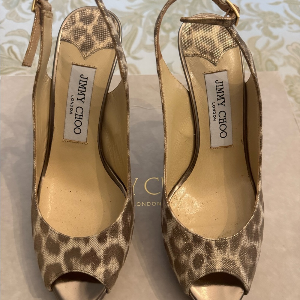 Jimmy Choo Open Toe Pumps Slingback Heels Leopard Shimmer Leather 36 - Picture 2 of 7